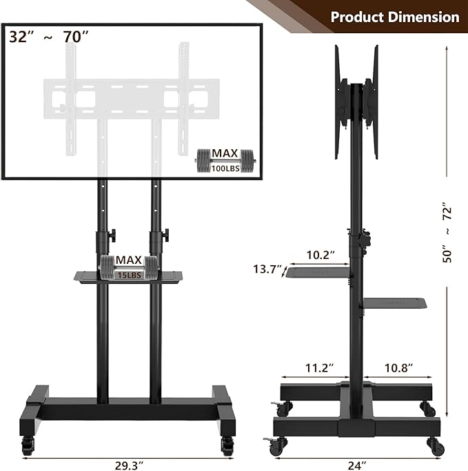 Mobile TV Stand Rolling TV Cart Floor Stand