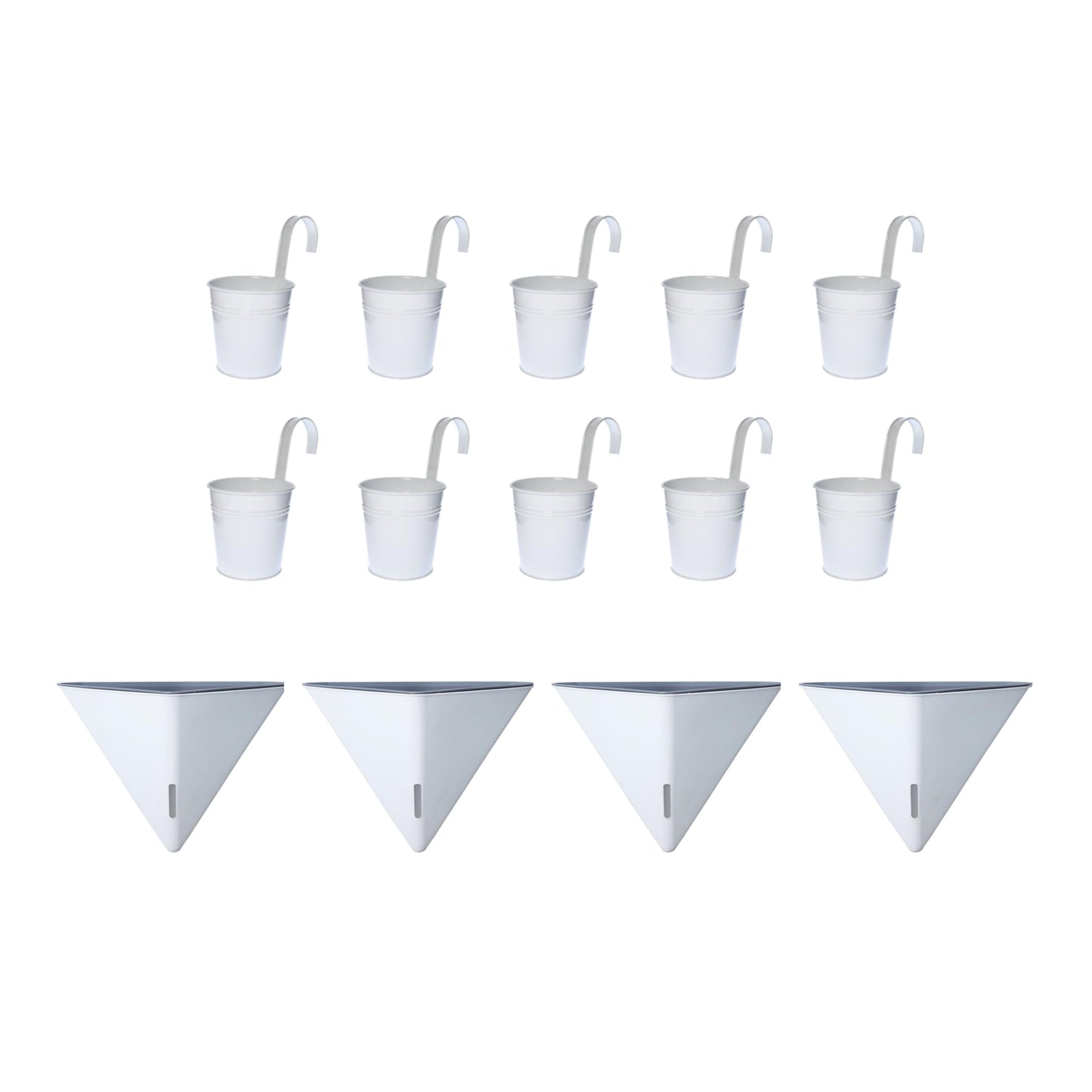 LaLaGreen Bundle- 10 Pack, 4 Inch White Metal Pot + 4 Pack, 12 Inch Geometric Self Watering Pot Modern Stylish Hanging Flower Vase Vessel Rail Porch Deck Window Herbs Plant Holder Indoor Garden Decor