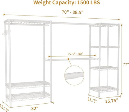 Golpart Heavy Duty Garment Rack Clothes Rack,Large Metal Closet Organizer System Storage Wardrobe,Freestanding Clothing Rack with 9 Adjustable Wire Shelves&3 Hang Rods,MaxLoad 1500lbs White