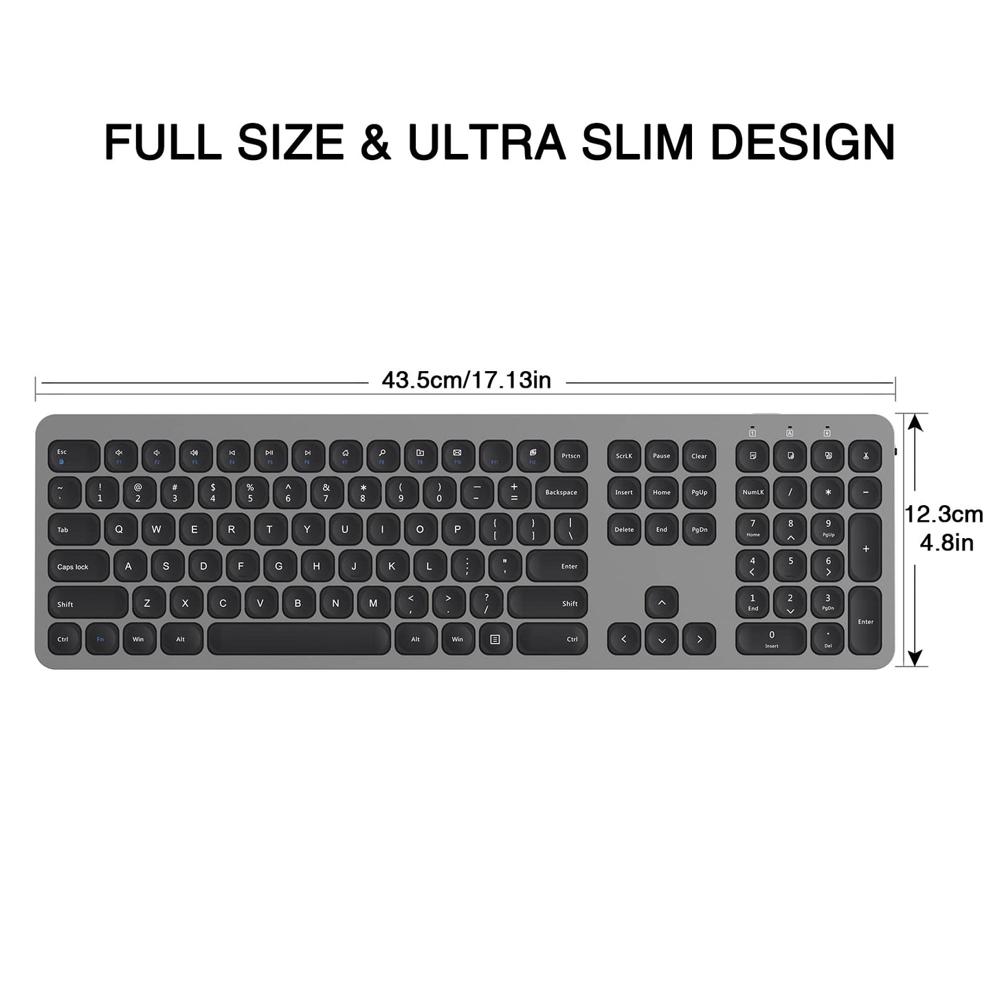 cimetech 2.4GHz Wireless Keyboard with Number Pad Full Size Design for Laptop Desktop PC Tablet, Windows iOS Android - Grey