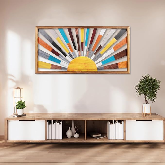 IARTTOP Large Boho Sun Wall Art Framed Wooden Art Wall Decor Rainbow Sun Rising