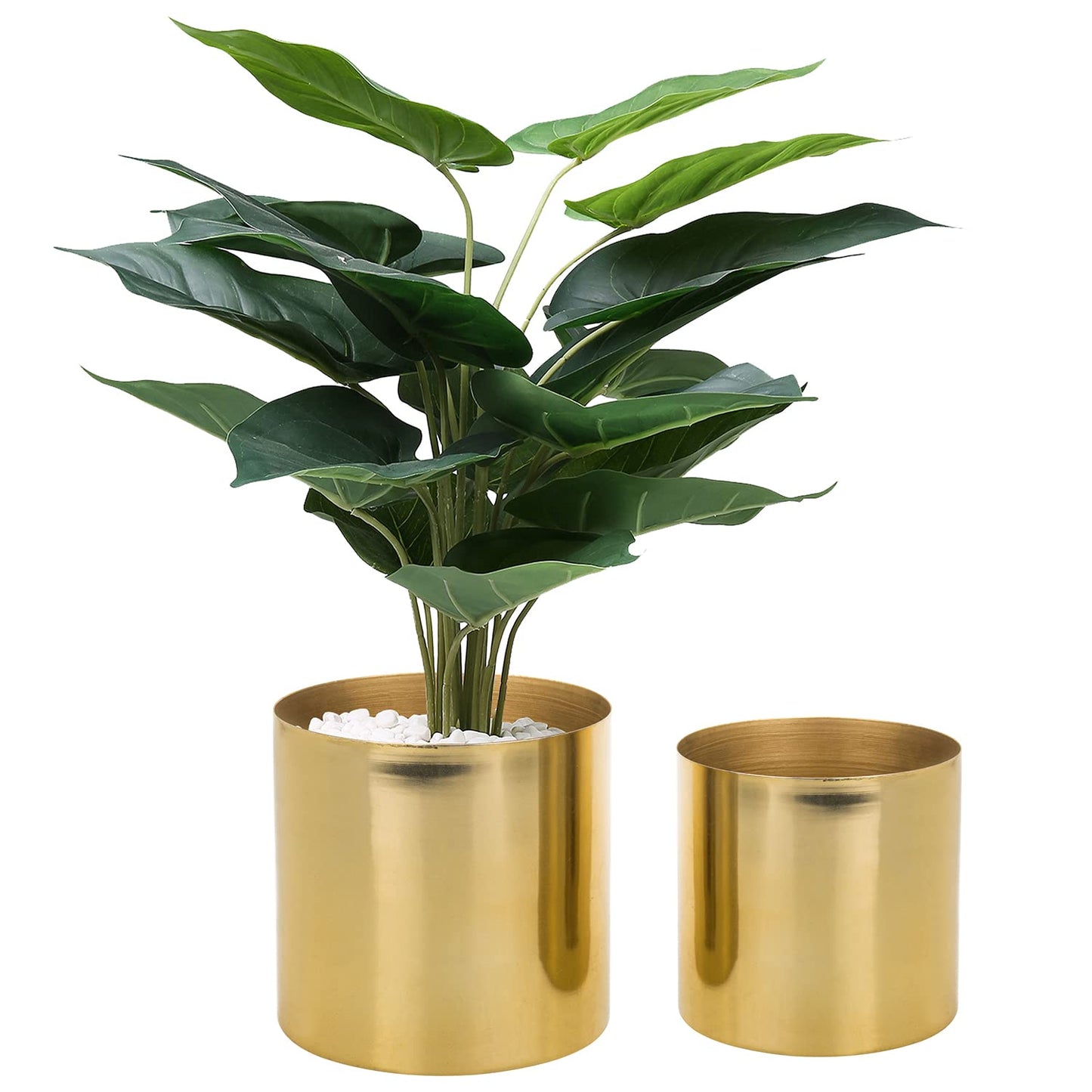 MyGift Set of 2 Handcrafted Shiny Brass-Tone Metal Plant Pots & Flower Vases – Decorative Indoor Table Planters, Handmade in India