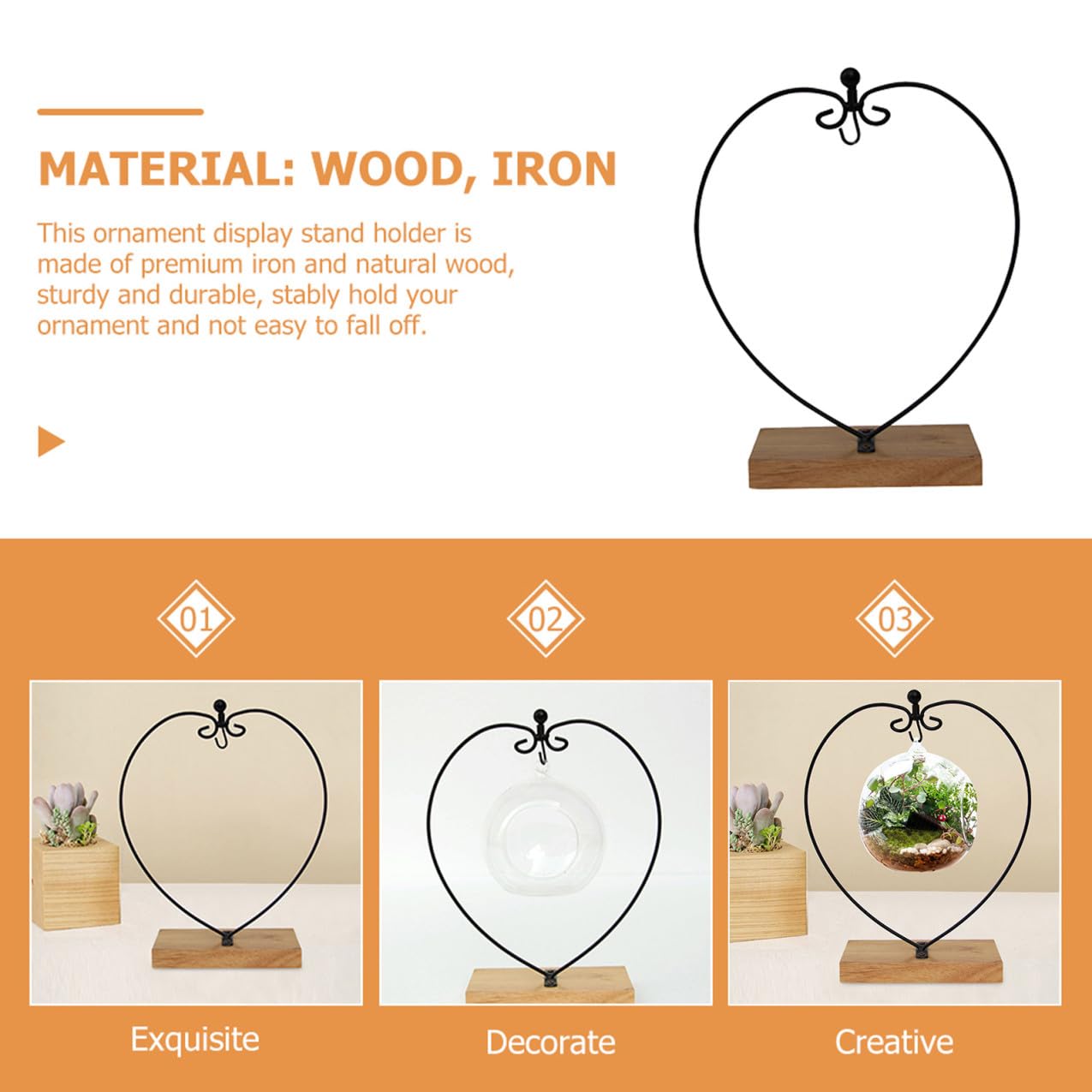 COHEALI Hanging Glass Globe Display Stand with Wooden Base Iron Ornament Holder for Air Plant Terrarium Wedding Party and Home Decoration for Christmas and Birthday Hanging Ornaments