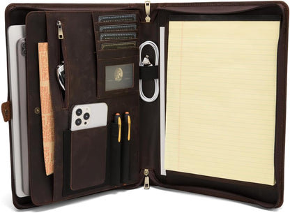Personalized Genuine Leather Portfolio, Legal Size 8.5 x 14 Pad Holder, Custom Engraved Business Padfolio for Men Women, Zippered Laptop Organizer, Professional Notepad Folio, Dark Brown