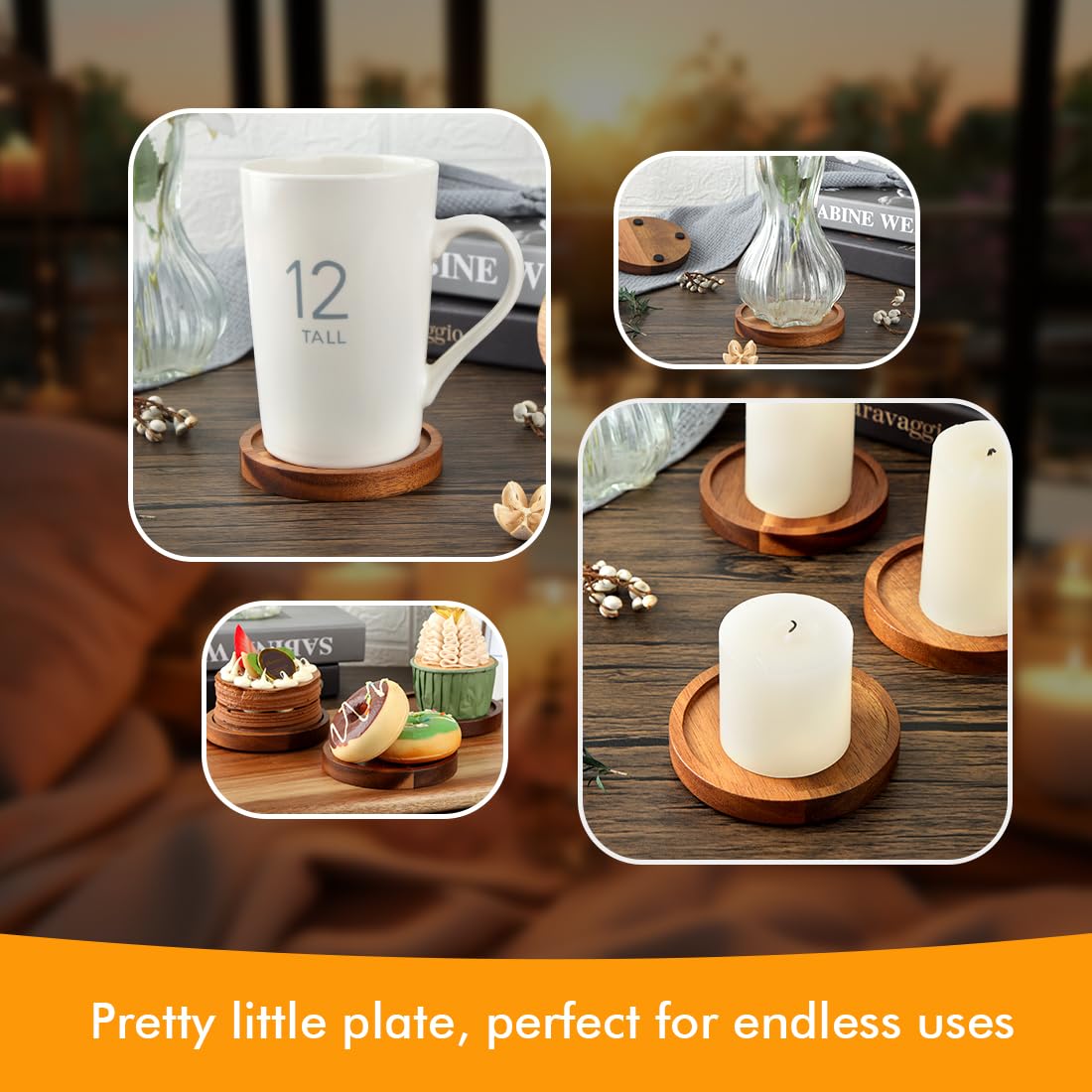 Wood Candle Holder Farmhouse Decor - HALE OTEIR Wooden Pillar Candles Holder for Pillar Floating Candles Set of 4 Round Wooden Plate Pedestal Stand for Coffee Table for Christmas Decor