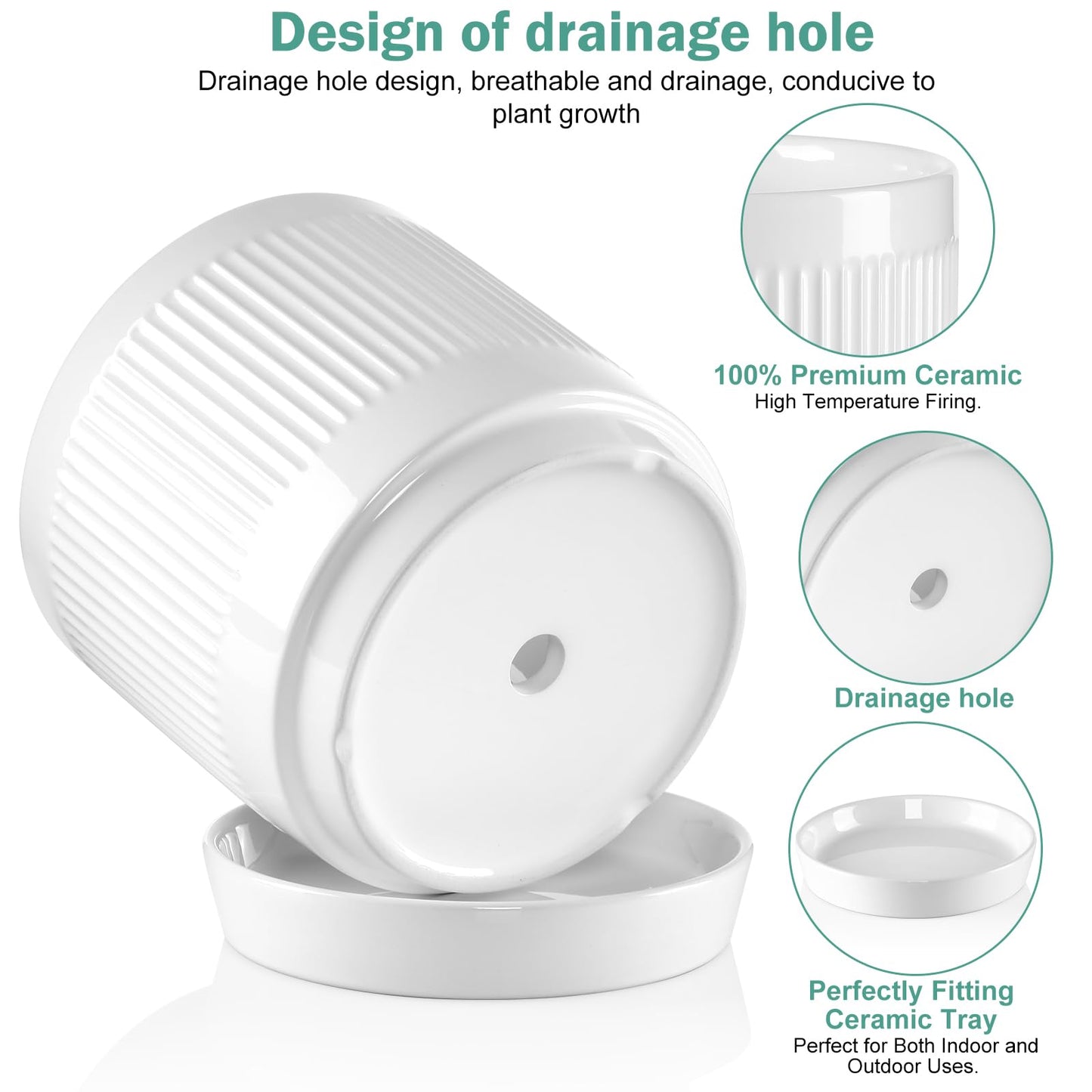Vanavazon 6 Inch Glazed Ceramic Plant Pots with Drainage Hole and Saucer, Cylinder Indoor Planters for All House Plants, Modern Decor for Home & Office, Set of 2 (White)