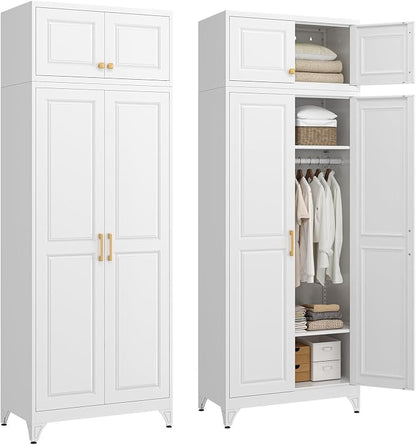 SteeLoong 86" Metal Armoire Wardrobe Closet with Doors,White Tall Clothing Storage Cabinet with Adjustable Shelves and Hanging Rod,Wardrobe Closet for Bedroom,Home,Office,Gym