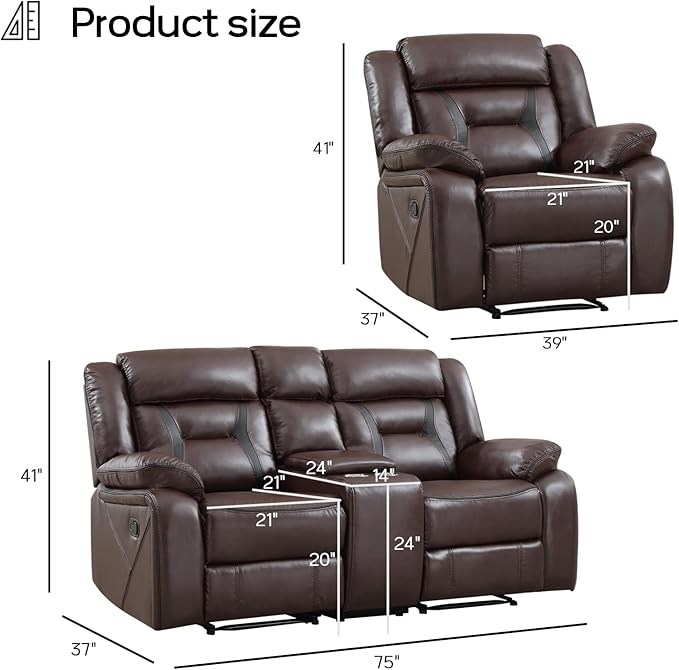 EBELLO Manual Recliner Sofa Set, Faux Leather Reclining Living Room Furniture