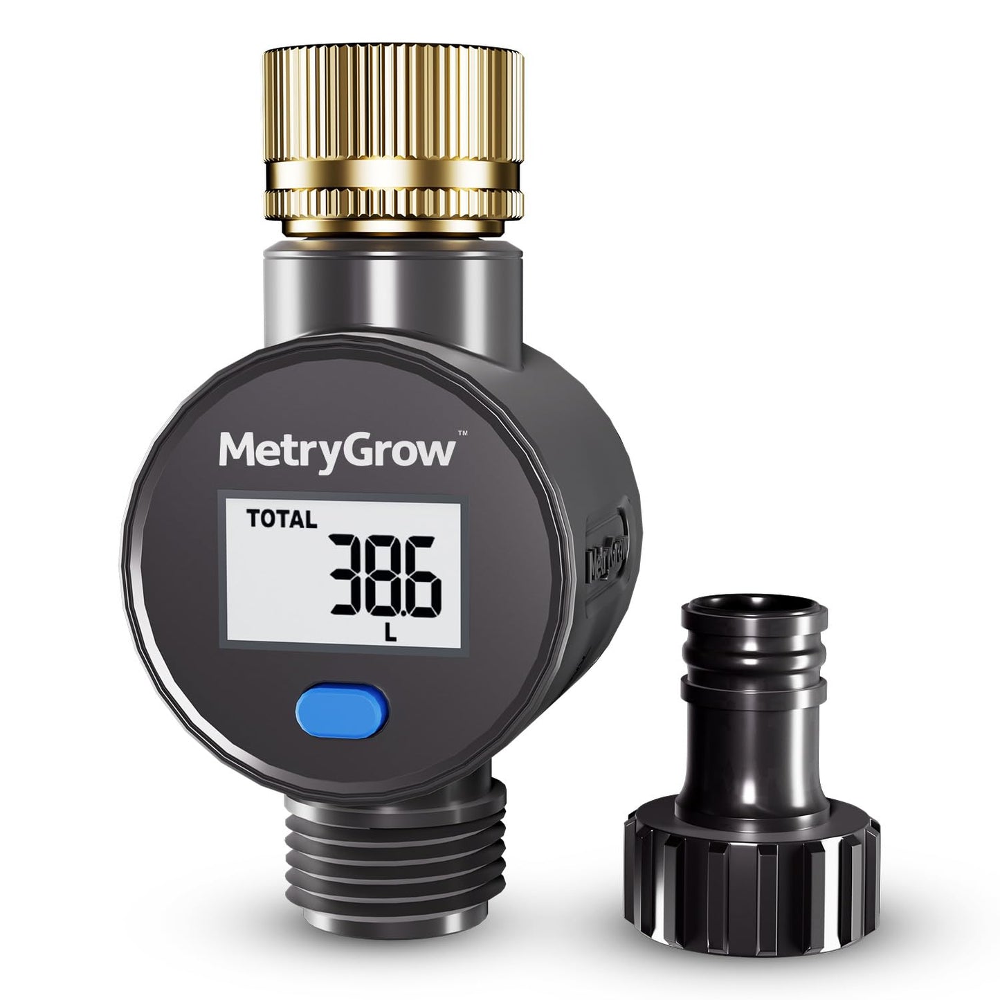 Water Flow Meter with Brass Inlet, Measuring Gallon/Liter Consumption and Flow Rate for Outdoor Garden Hose Watering, RV Essentials Water Tank Filling, Sprinkler and Nozzle Sprayer (1 Pack)