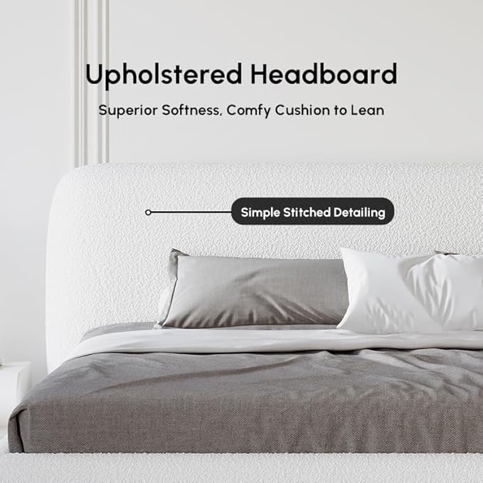 homary Curva Modern White Boucle King Size Platform Bed Set & Bedroom Bench