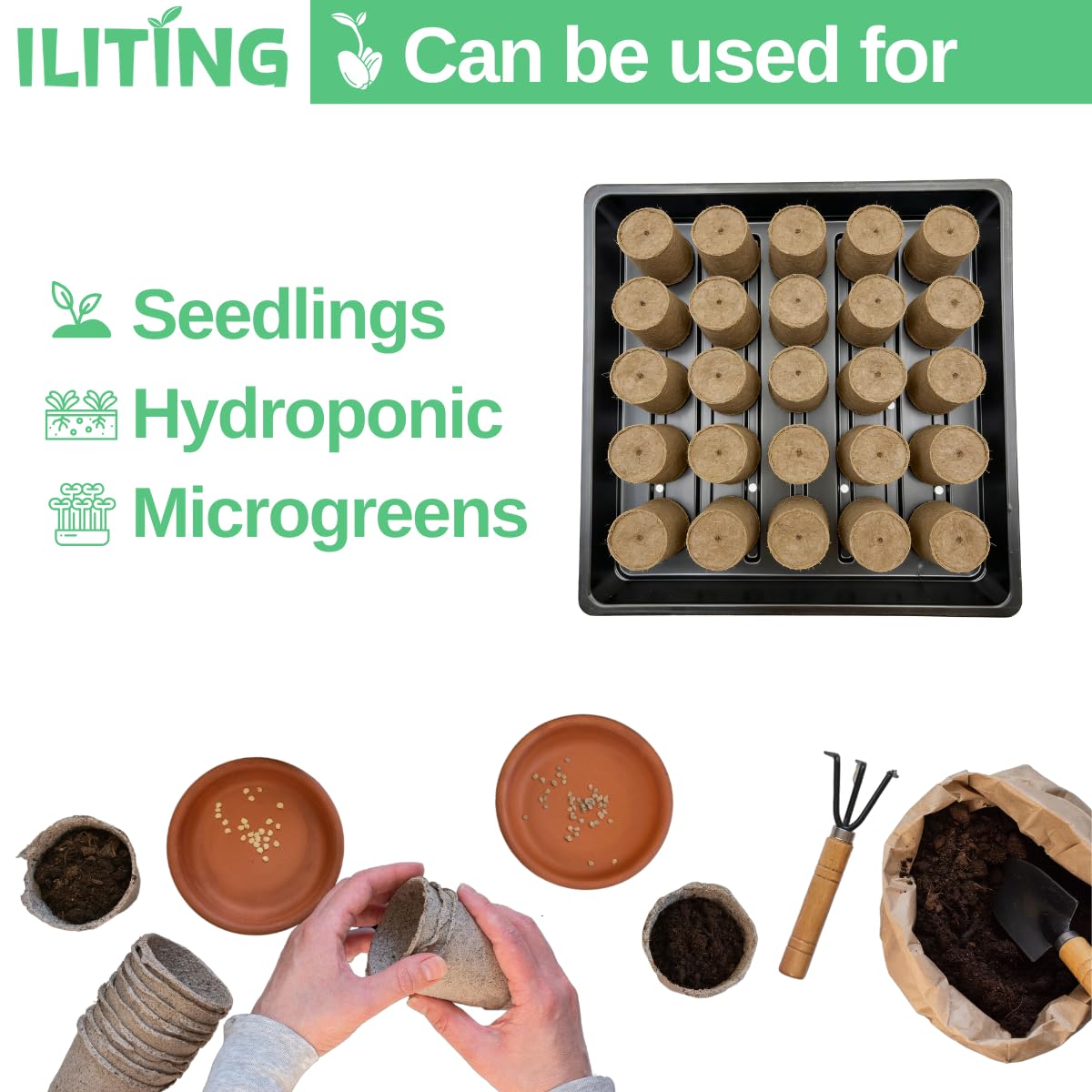 ILITING Plant Growing Trays for Seedlings Microgreen Seed Starter Shallow Plants Tray Standard 1010 Tray with Drain Holes 10 Pack Black 10.7 x 10.7 inches Square Trays