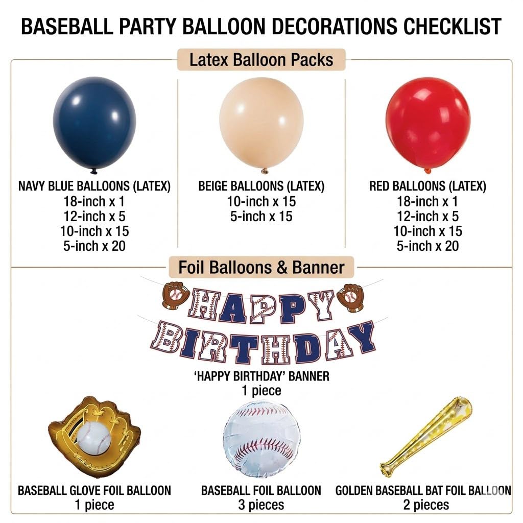 Baseball Birthday Party Decorations Navy Blue Red Nude Balloon Arch With Baseball Bat & Glove Balloons and Happy Birthday Banner For Sports Rookie year 1st birthday Baby Shower Supplies Decoration