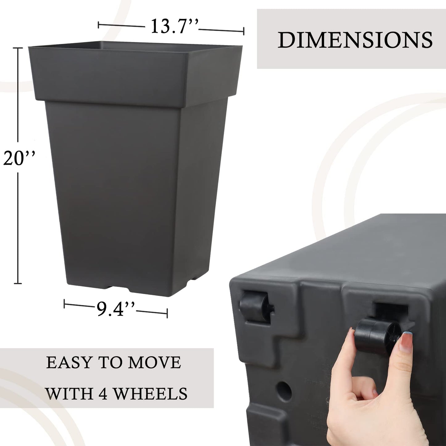 Tall Planters for Outdoor Plants, 20 Inch Movable Drainage Large Outdoor Planter Indoor Planters, Set of 2 Plastic Planters for Front Porch Door Garden Balcony Deck, Dark Gray 20"