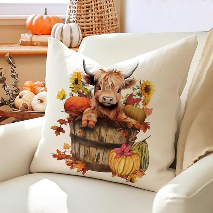 RABUSOFA Fall Decor Pillow Covers 18x18 Inch Highland Cow Autumn Decorations