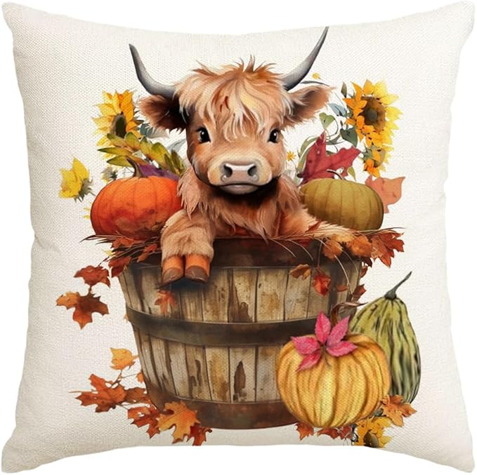 RABUSOFA Fall Decor Pillow Covers 18x18 Inch Highland Cow Autumn Decorations