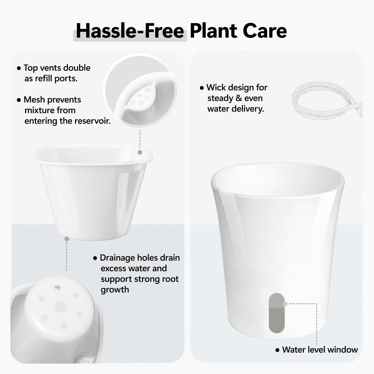 FYRIXONE 10 Pack 3 Inch Self Watering Pots for Indoor Plants, White Plastic Planters with Water Level Indicator, Drainage Holes & Wick, Small Plant Pots for Cuttings, Seedlings, Herbs, African Violets