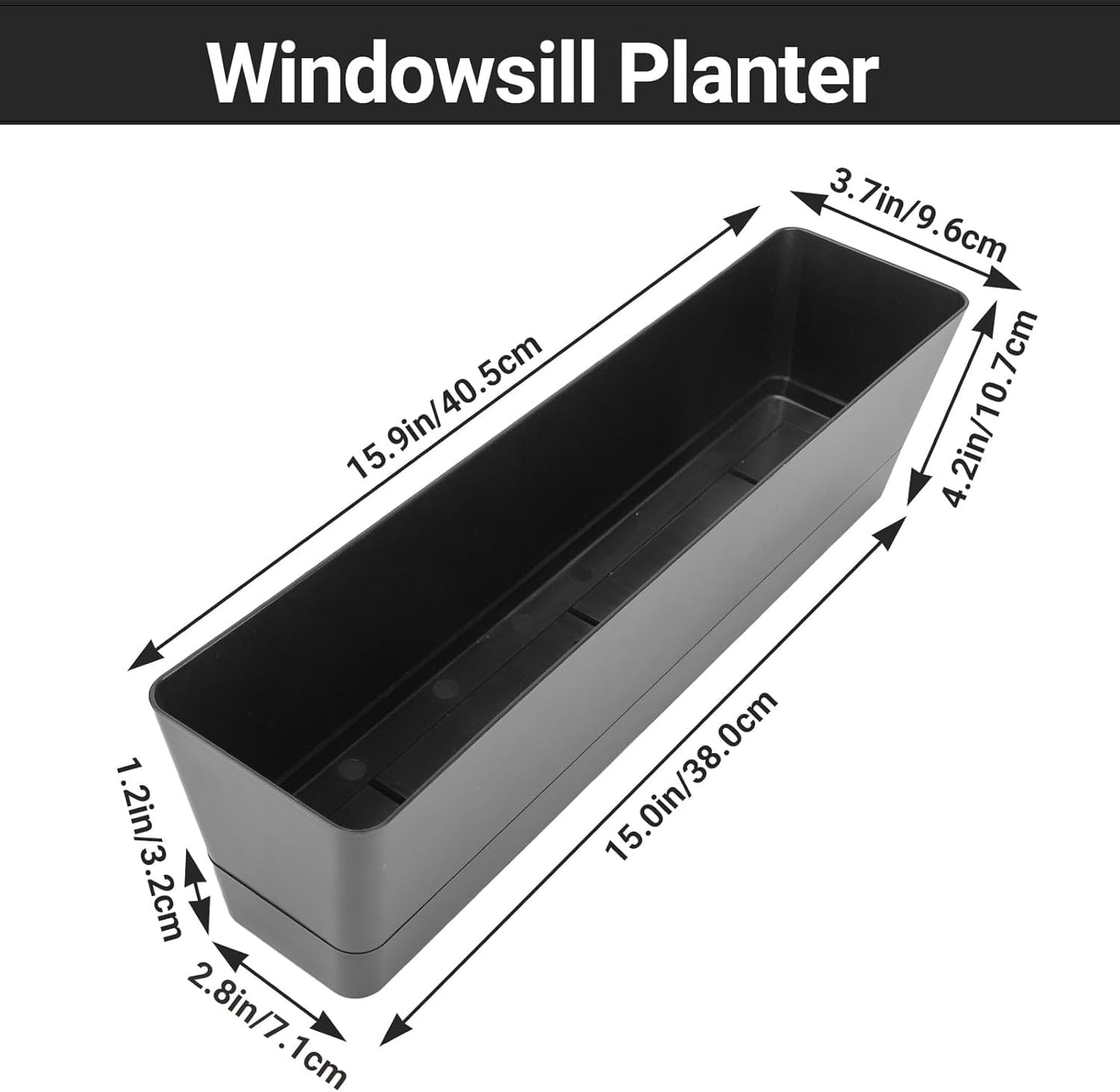 GREANER Window Boxes Planters with 4inch Colorful Plant Label, 3PCS 16x3.8 Inch Black Rectangle Planters Box with Drainage Holes and Trays, Herb Succulents Flowers Plastic Pot for Windowsill, Garden,