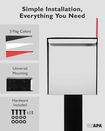 Ilyapa Modern Mailbox for Post Mount - Black with White Door Powder Coated Steel, Waterproof Letter Box for Parcels, with Recessed Magnetic Close Door