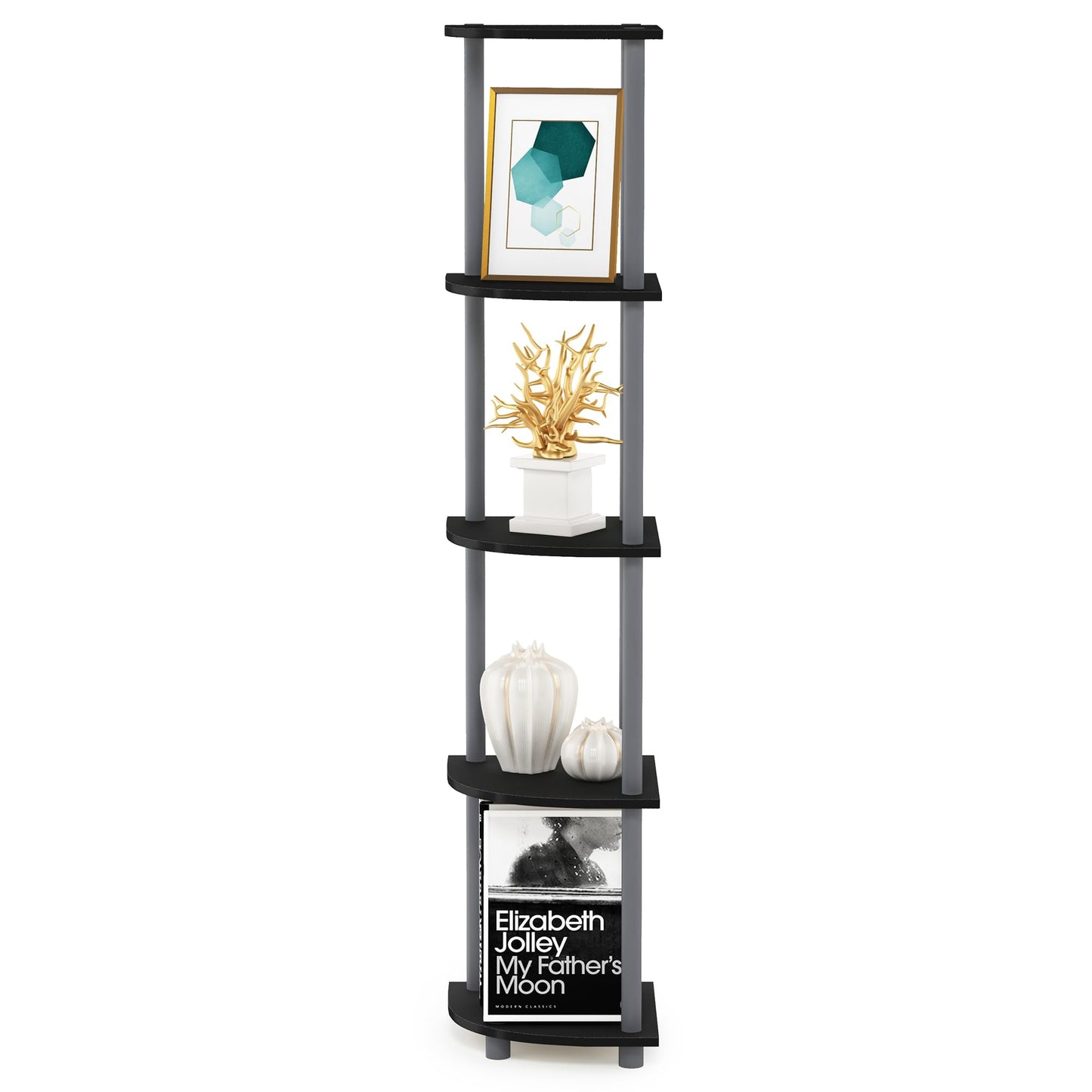Furinno TURN-N-TUBE Corner Shelf, 5-Tier Corner Bookshelf, Open Storage Shelves, for Organization and Storage, Living Room, Home Office, Garage, Bedroom, Black