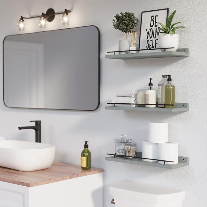 WOPITUES Floating Shelves with Black Metal Guardrail, Shelves