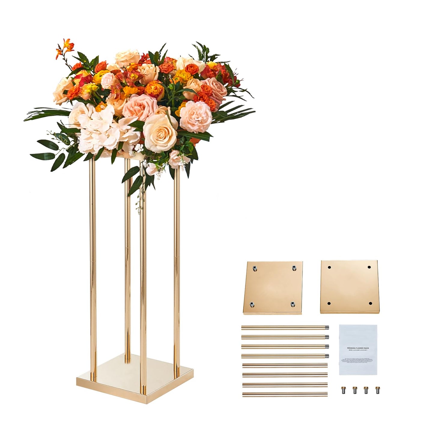Happybuy 4PCS Gold Metal Column Wedding Flower Stand, 23.6-inch High with Metal Laminate, Cylindrical Vase Geometric Centerpiece Display Stands for Event, Reception & Party Decoration