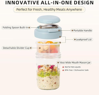 UWILLION Overnight Oats Containers with Handles, 16 oz Glass Mason Jars with Lids, Folding Spoons & Topping Compartments, Yogurt Parfait Cups for Meal Prep, Chia Pudding, Breakfast to Go, 2 Pack