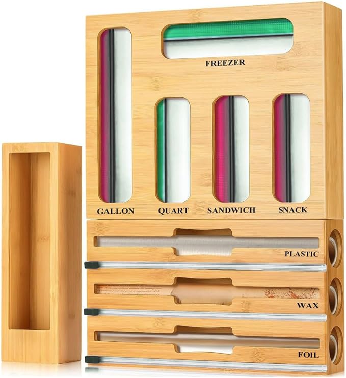 9 in 1 Storage Bag Organizer for Kitchen Drawer, Bamboo Foil and Plastic Wrap with Cutter, Ziplock Bag Organizer for Quart, Gallon, Sandwich & Snack Bags