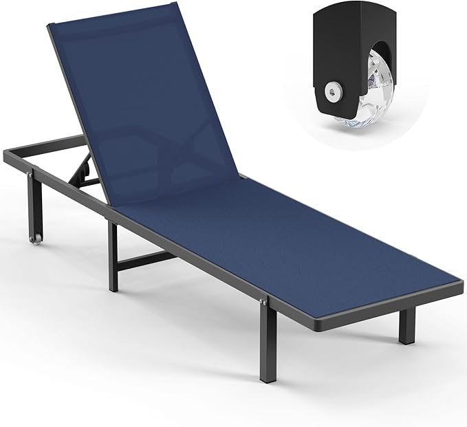 Lounge Chair Outdoor with Wheels, Aluminum Patio Chaise Lounge Chair with 5