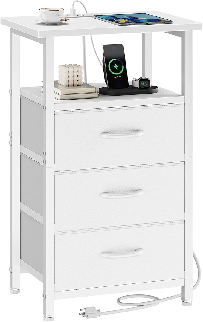 Vagusicc Nightstand with Charging Station, End Table Side Table with 3 Fabric
