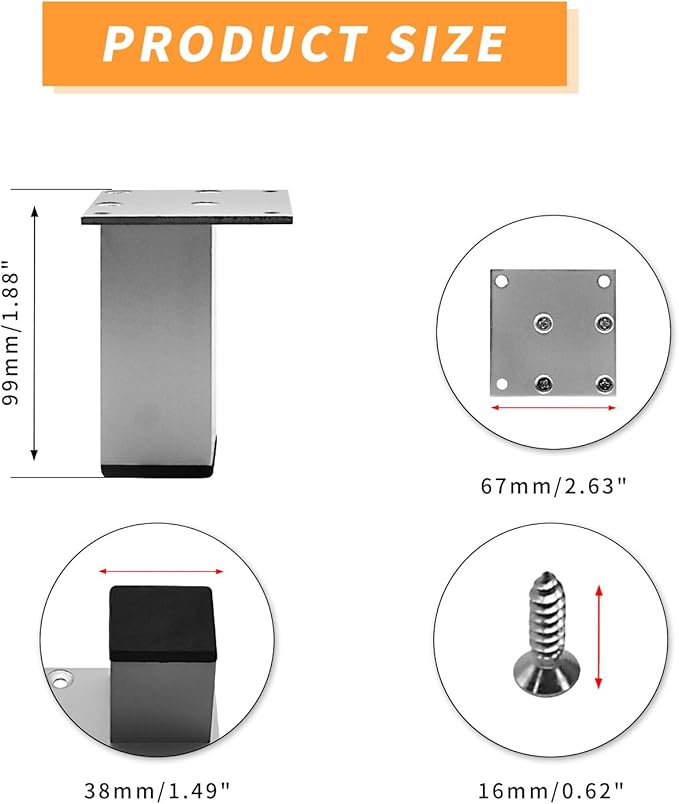 4Pcs 4Inch Metal Furniture Legs, Square Metal Cabinet Support Foot