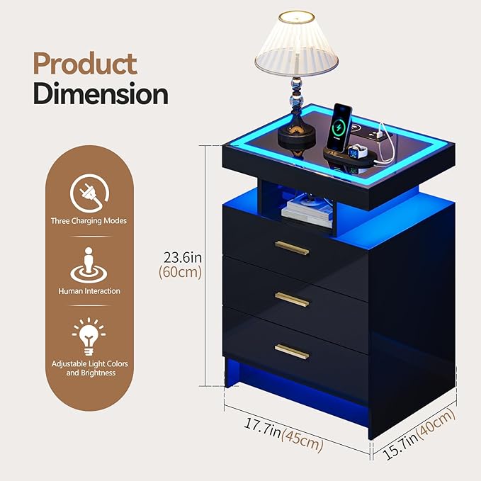 Black Night Stand with Wireless Charging Station, Smart Bedside Table with 3