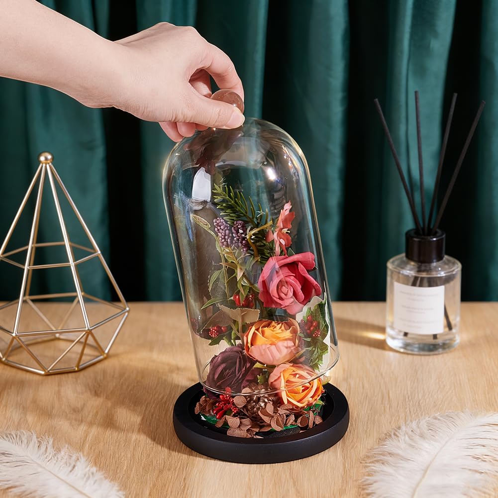 PH PandaHall Cloche Glass Dome Black Wooden Base Bell Jar Cloche Bottles Display Case Clear Glass Display Dome with Top Handle for Plants Flower Clay Succulents Antique Collectibles, 4.92x8.46inch