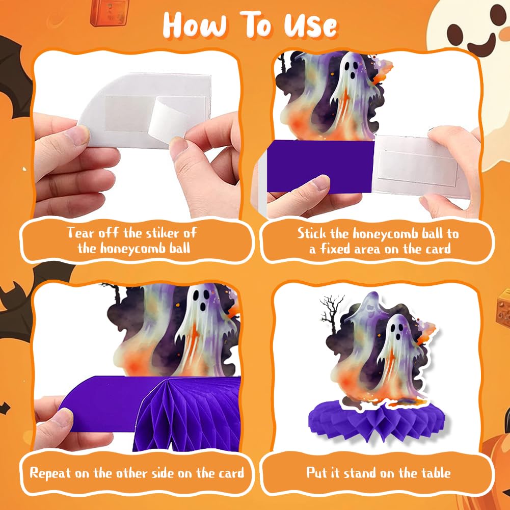 9 PCS Halloween Honeycomb Centerpieces for Table Decoration,Evil Pumpkin Skull Ghost Black Cat 3D Table Topper Sign Purple Orange for Happy Halloween Party Favor Bar Haunted House Decoration