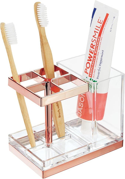 mDesign Plastic Toothbrush and Toothpaste Storage Organizer Holder - Home Decor for Bathroom Countertop - Holds Toiletries and Beauty Accessories - Lumiere Collection - Clear/Rose Gold
