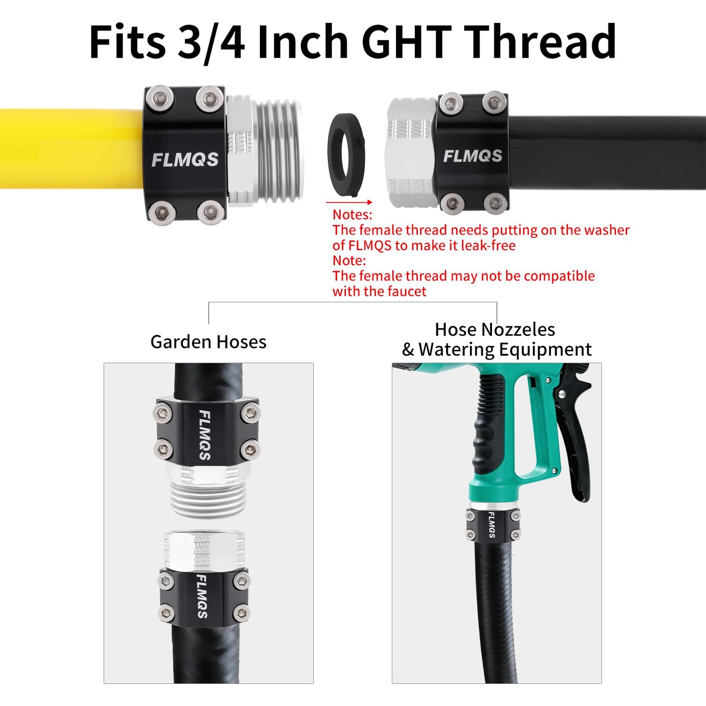 FLMQS Garden Hose Repair Connector Kit with Clamps, Fits 3/4" or 5/8" Garden Hoses, Leak-Proof Male and Female Hose Adapter, 3 Sets White