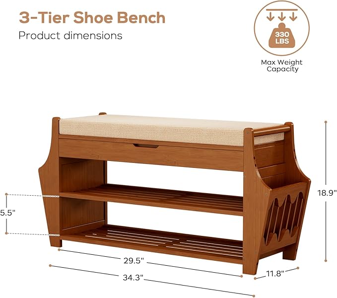 oakvivo 34.3in Shoe Bench, Bamboo 3-Tier Entryway Bench