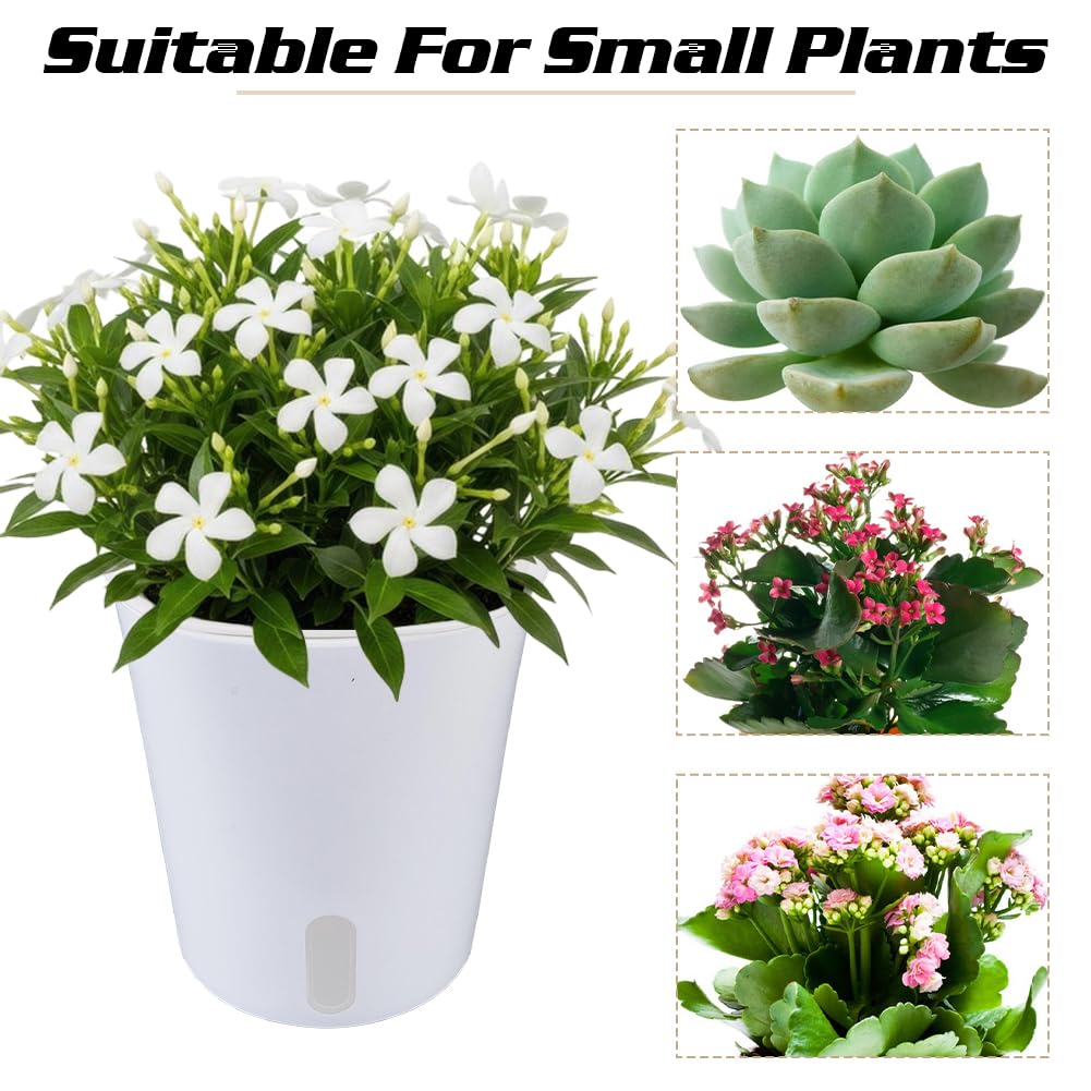 Doodlream 6 Kits Self Watering Pots for Indoor Plants, 4.93inch White Plastic Self Watering Planters for Herbs Succulents, Garden Decorative Flower Pots with Water Visual Window, Water-Absorbing Rope