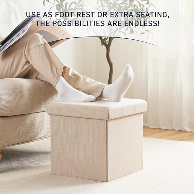 Ornavo Home 2 Pack 15 Inch Folding Storage Ottoman, Square Cube Linen Small