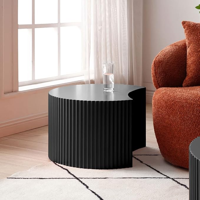 Black Round Coffee Table Nesting End Table Set of 2 Fluted Side Tables Set