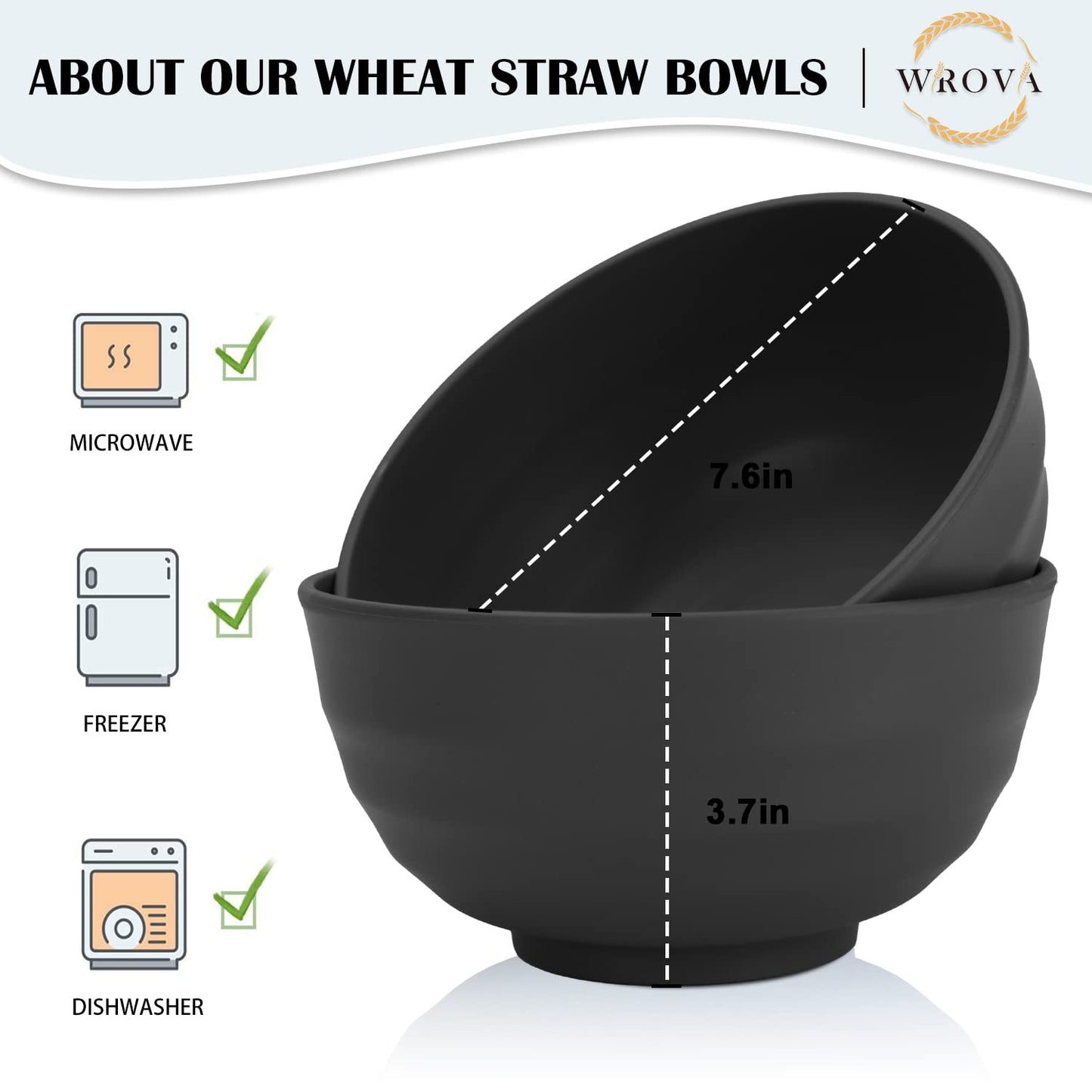 Wrova Wheat Straw Bowls Set 60 OZ Unbreakable Large Cereal Bowls Set of 6 Microwave and Dishwasher Safe Bowls Big Bowls for Camping and Picnic BPA Free Soup Bowl for Serving Oatmeal and Salad. Black