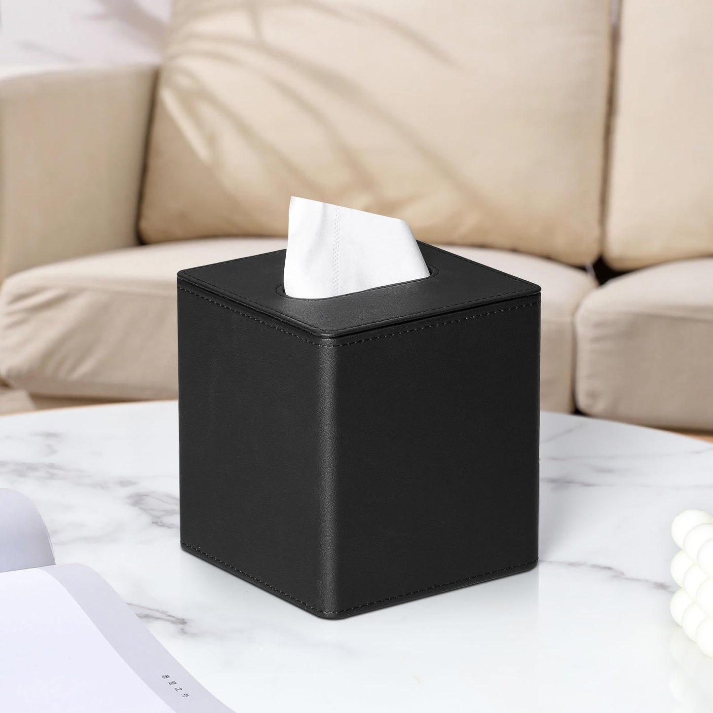 MEIBOOCH PU Leather Tissue Box Cover Square Tissue Box Holder with Magnetic Closure (Black)