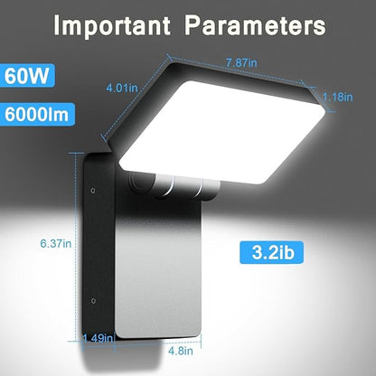 60W LED Flood Light Outdoor Wall Pack 5000K 360° Rotatable Head IP65 Waterproof 6000LM 85V-277V Commercial Flood Security Wall Mount Porch Lights for Indoor,Garage,Yard,Barn,Bedroom