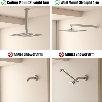 BESy 12 Inch Rain Shower Head, 12" Square Rainfall & High Pressure Stainless Steel Bath Shower Head, 1/16" Ultra Thin, Waterfall Full Body Coverage with Silicone Nozzle, Non Fingerprint Brushed Finish