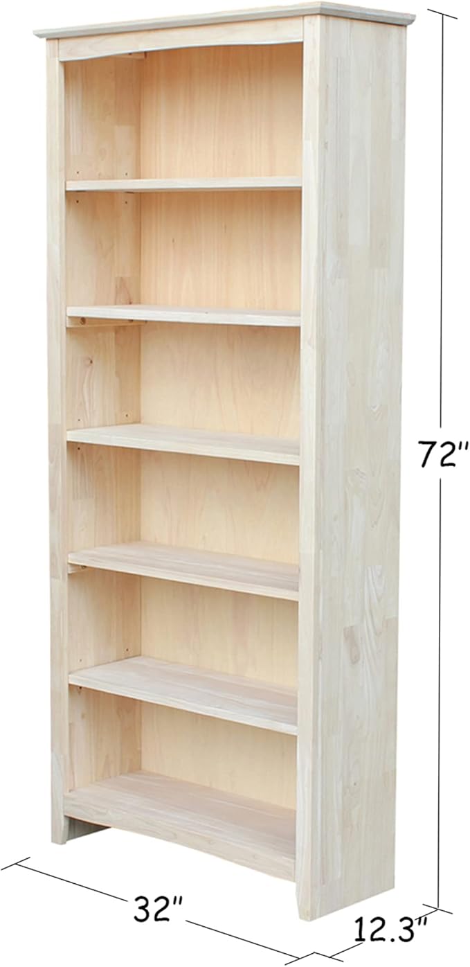 International Concepts Shaker Bookcase 72-Inch Tall, Solid Parawood, 5-Shelf