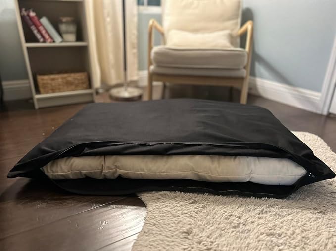 Natural Cotton Canvas Dog Bed – Raw Cotton Filled Pet Cushion Insert, Breathable Eco-Friendly Dog Mattress, Durable Washable Cover with Zipper (Black, Large 48"x30"x5")