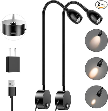 Wall Mounted LED Reading Light with 15" Flexible Gooseneck, Focused Adjustable Book Light for Reading In Bed with 3000K Warm Light, Plug In Dimmable Bedside Headboard Night Lamp, Touch Control-2 Pack