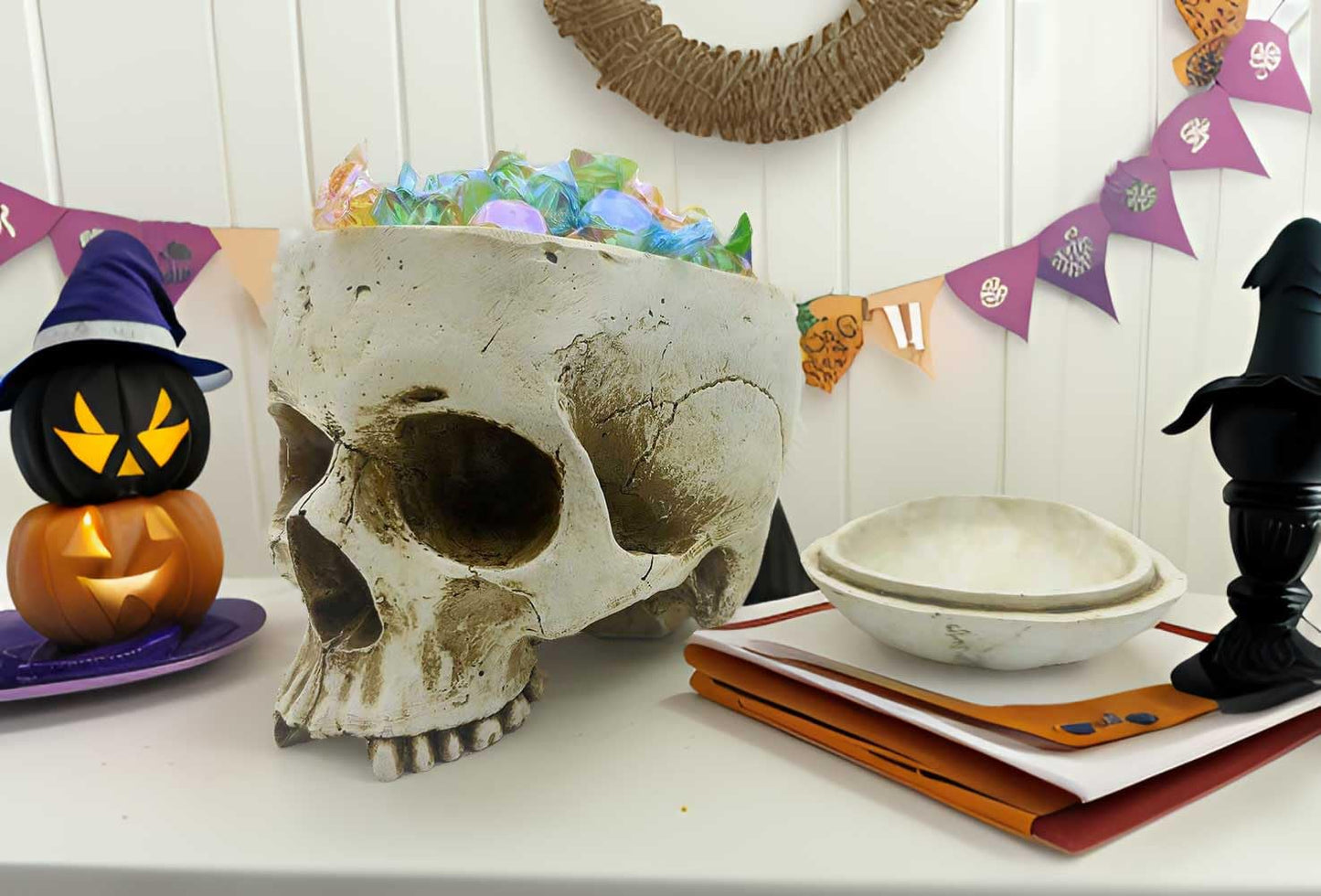CUZOKOLA Larger 6.9" Human Skull Candy Dish with Lid,Big Skull Candy Jar,Skull Head Decor Statue Resin Mold for Halloween Skull Candy Bowl,Skull Home Decoration,White Skull Skeleton Bowl Sculpture