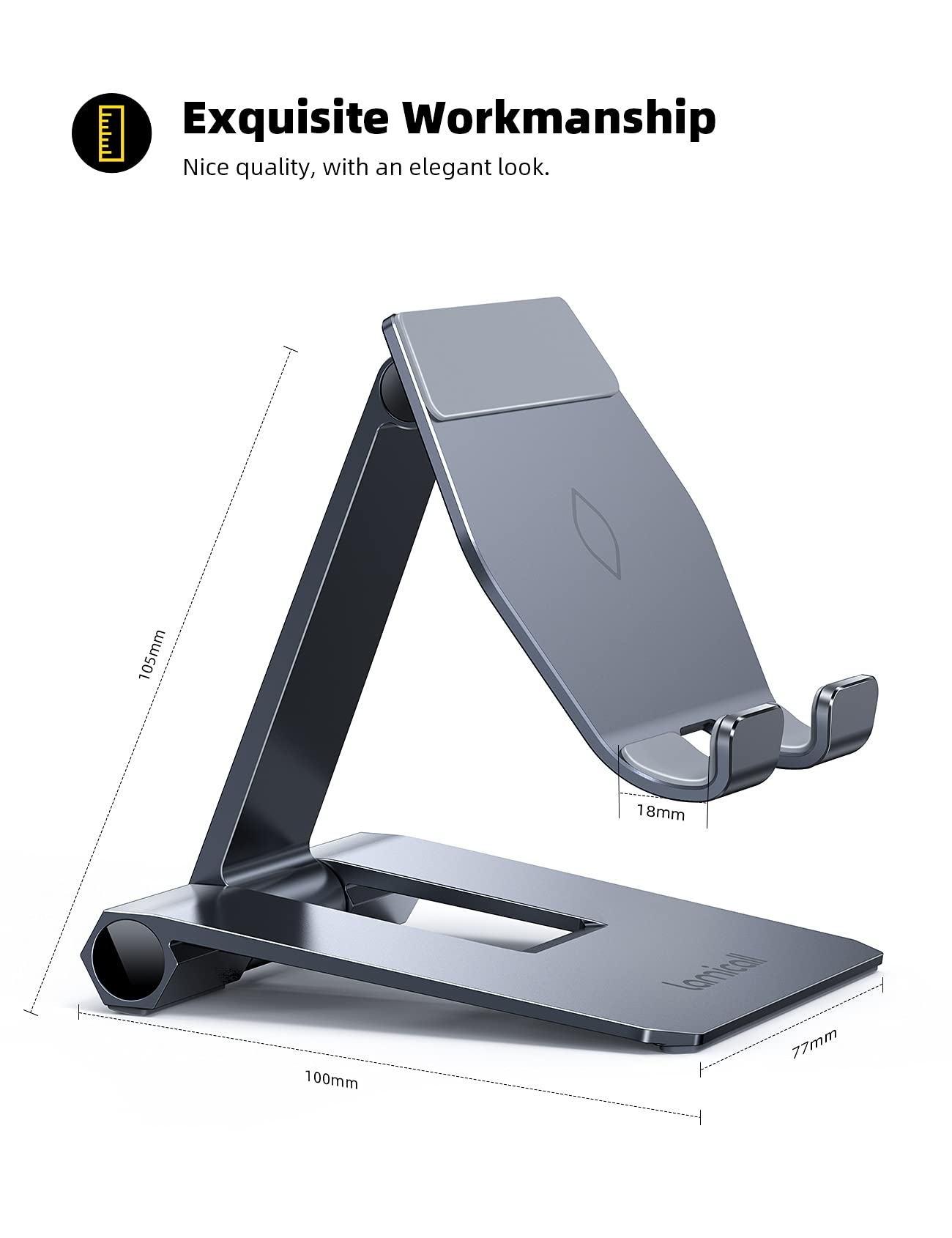 Lamicall Aluminum Metal Adjustable Cell Phone Stand Desk - Heavy Duty Aluminum Metal Foldable Desktop Phone Holder, Cradle, Dock, for iPhone 16 15 14, Plus, Pro, Pro Max, 13 12 X XS,4-11'' Phone Grey