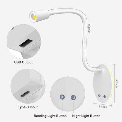 Rechargeable Cordless Reading Light, 360° Adjustable Bedside Lamp, 3 Color Stepless Dimming Night Light, 40H Runtime with Eye-Care, Memory Function, USB Output, Wall-Mounted & Detachable(2pcs)