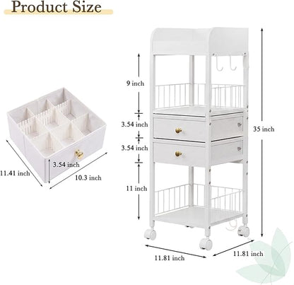 Makeup Organizer Cart with Drawers & 8 Dividers, Rolling Beauty Cart with Hooks for Cosmetics & Skincare, Space Saving Vanity Storage for Bathroom, Bedroom & Small Spaces (White)